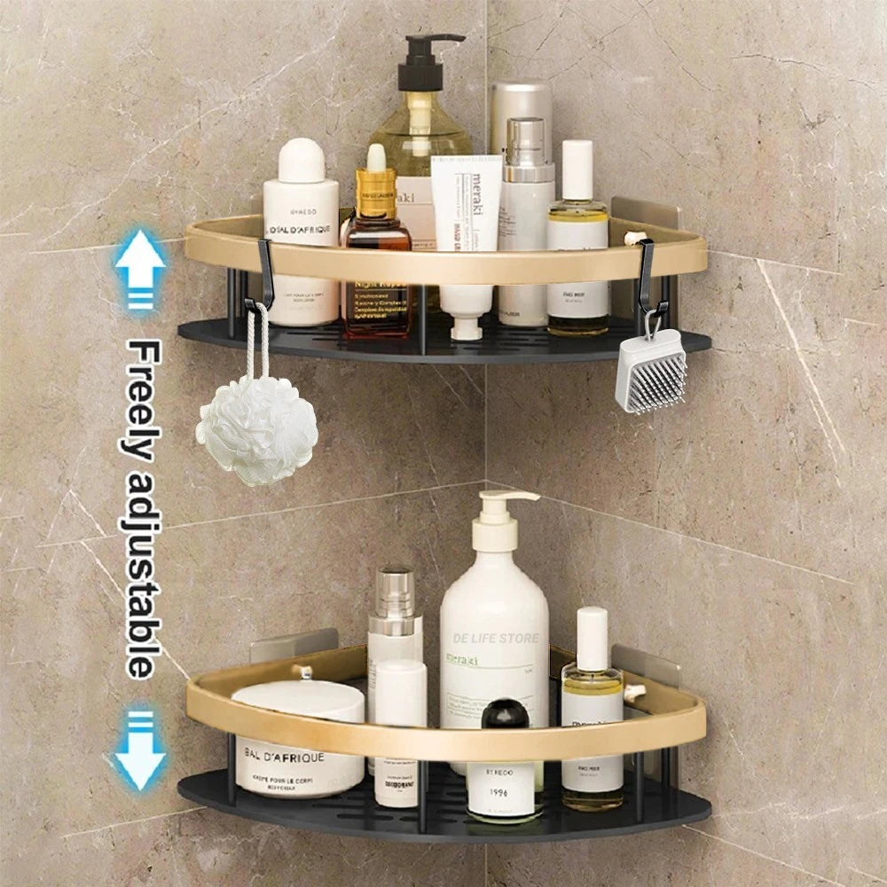  Adjustable gold stainless bathroom corner caddy organizer with hooks for bath accessories and toiletries.