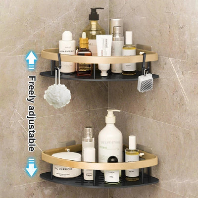  Adjustable gold stainless bathroom corner caddy organizer with hooks for bath accessories and toiletries.
