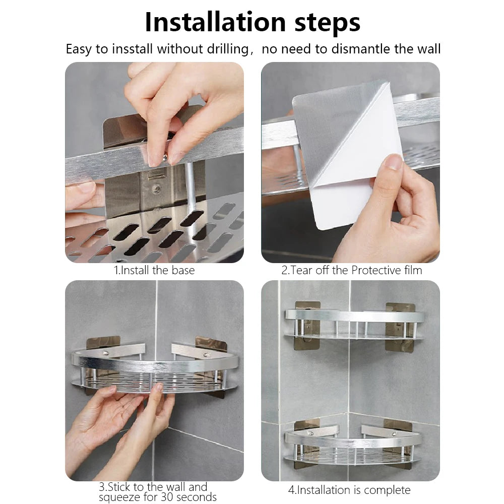 Step-by-step installation guide for gold stainless bathroom corner caddy organizer with adhesive mount.