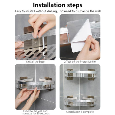 Step-by-step installation guide for gold stainless bathroom corner caddy organizer with adhesive mount.