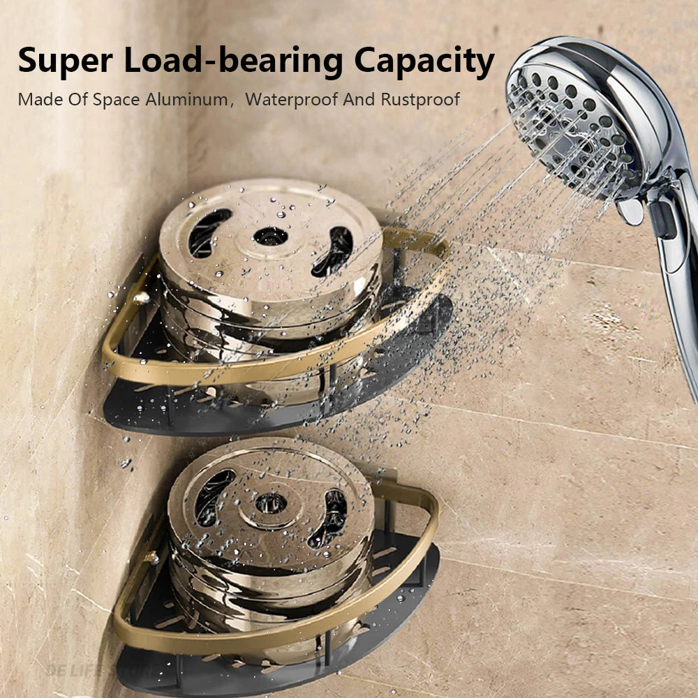 Gold stainless bathroom corner caddy organizer showing heavy-duty waterproof shelves under shower spray