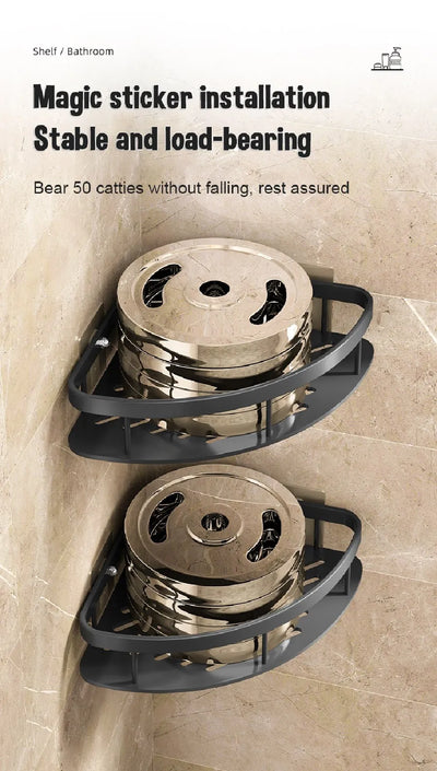 Load-bearing test of gold stainless bathroom corner caddy organizer holding heavy metal weights