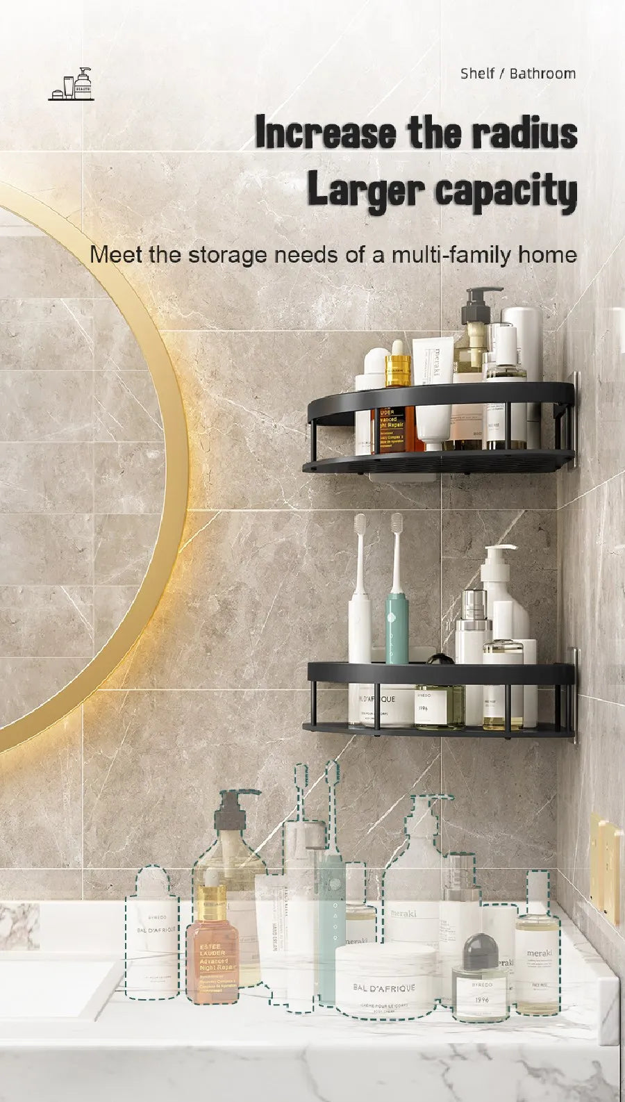 Modern bathroom featuring a gold stainless bathroom corner caddy organizer with dual-tier storage