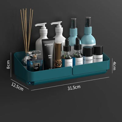 Oversized blue small shower caddy fixed on bathroom wall, perfect for full storage use