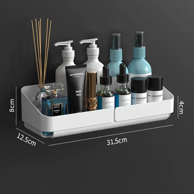 Extra-wide white small shower caddy with full-length storage on wall.