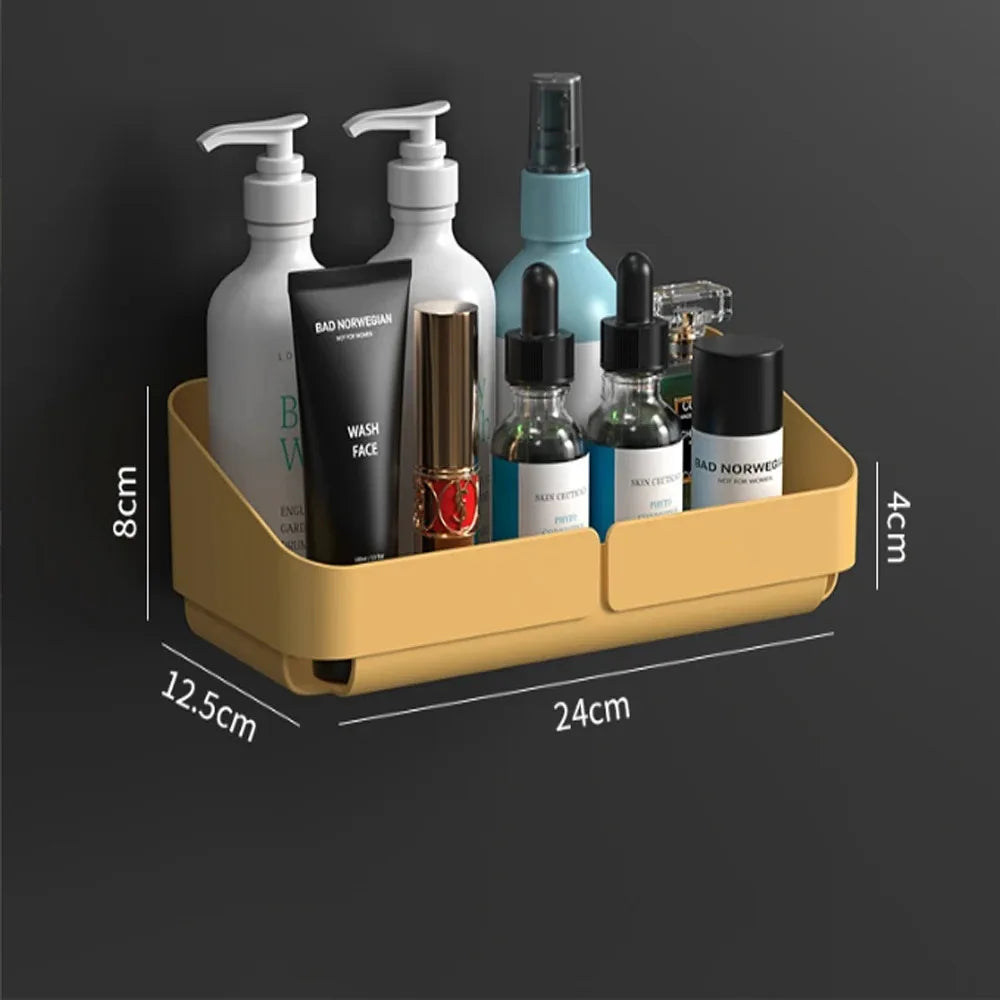 Wall-mounted yellow small shower caddy with mid-size dimensions
