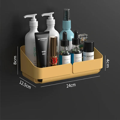 Wall-mounted yellow small shower caddy with mid-size dimensions