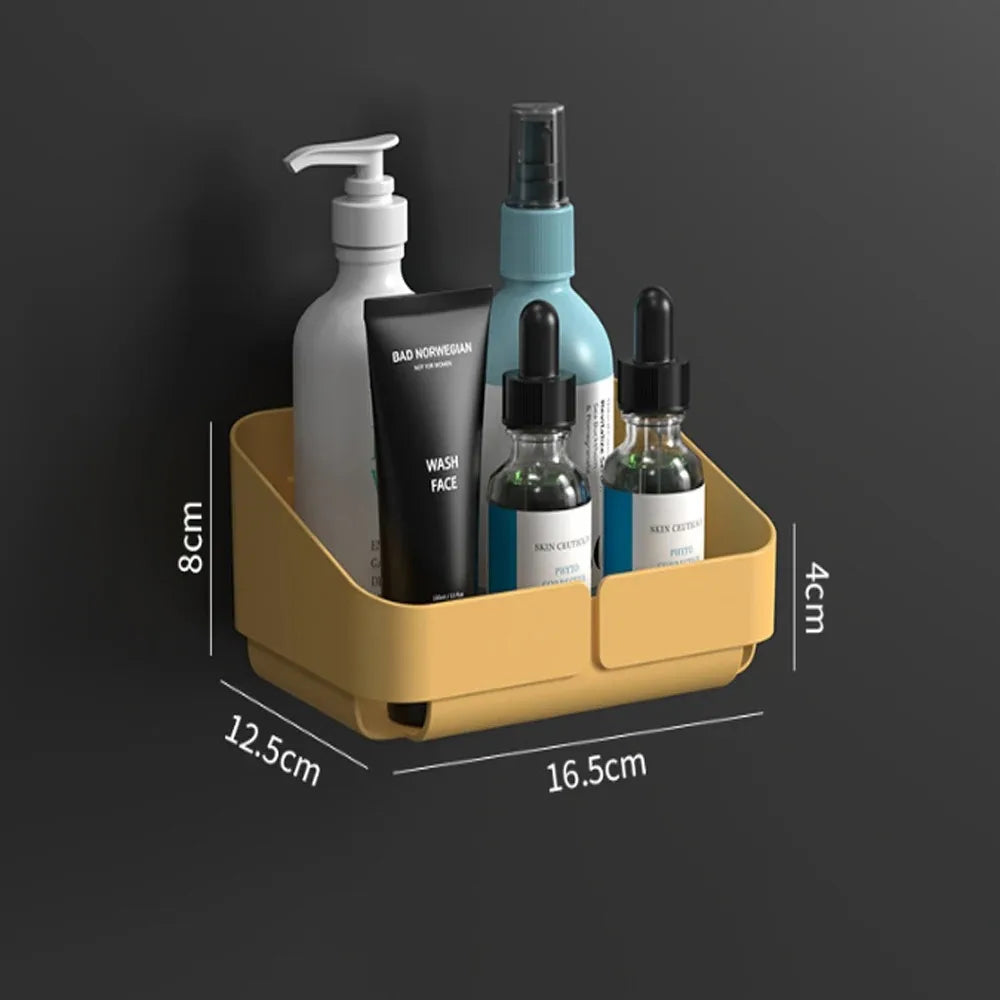 Mini yellow small shower caddy mounted on bathroom wall holding essentials.