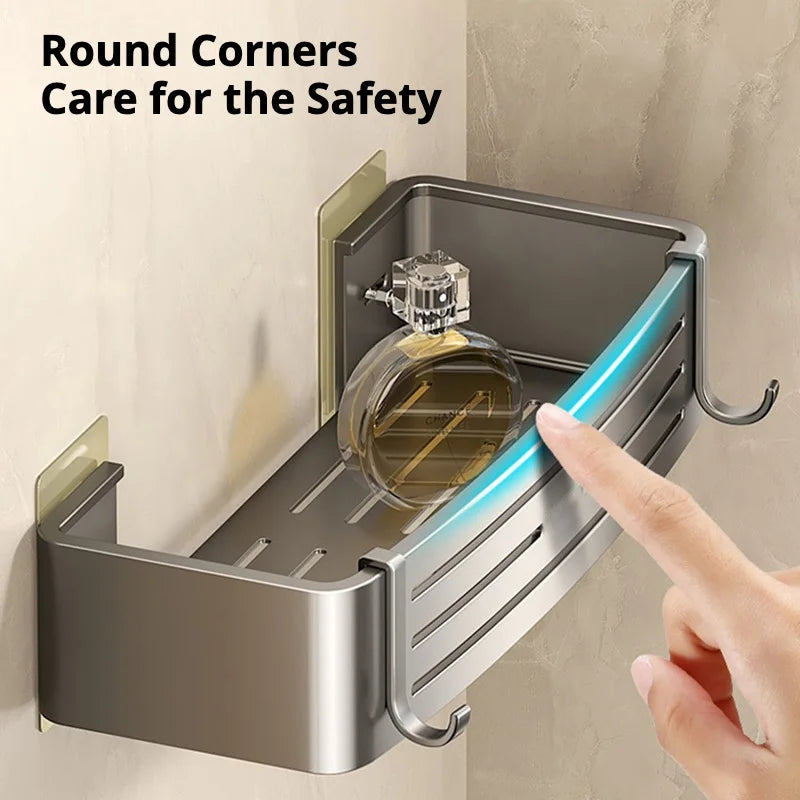 Close-up of bathroom-wall-storage-shelves with rounded corners and side hooks for safe, multipurpose use