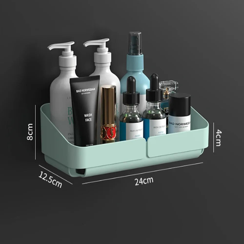 Mint green small shower caddy with measurement overlay and bathroom item storage