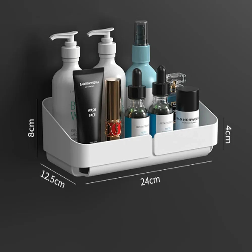 White small shower caddy showing size dimensions and organized skincare storage