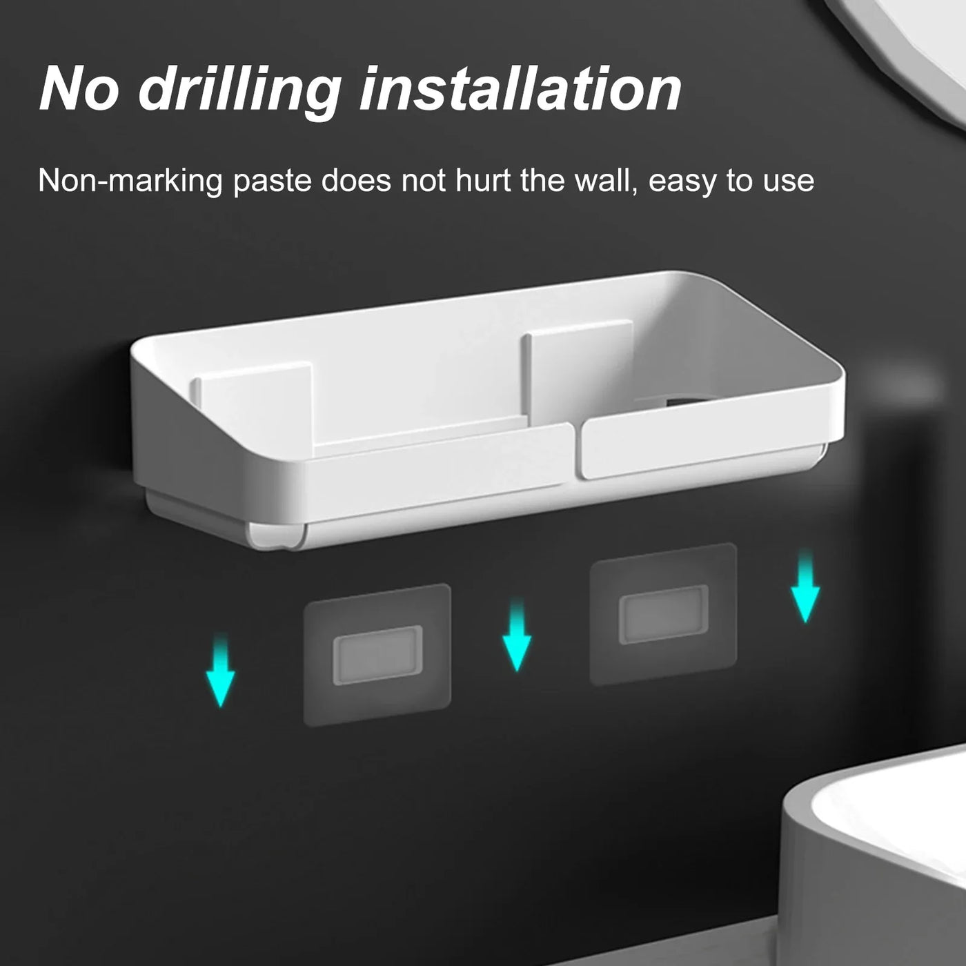 White small shower caddy with no-drill wall installation, demonstrating adhesive mounting design.
