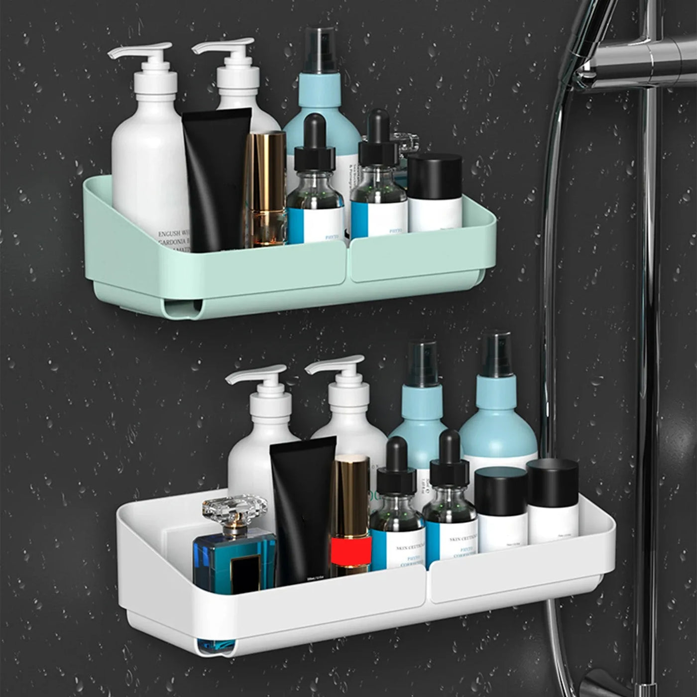 Two-tier small shower caddies in green and white mounted on wet shower wall