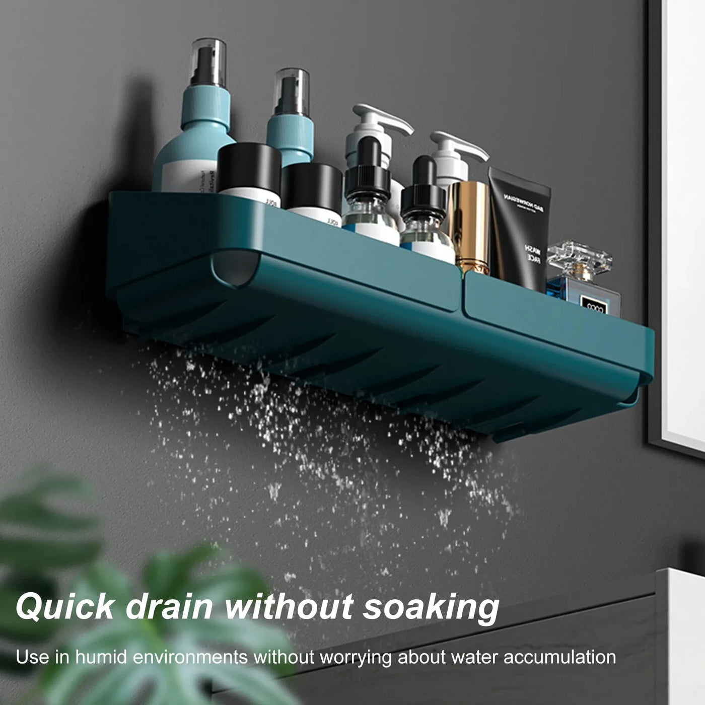 Small shower caddy with drainage system for water flow in humid bathrooms